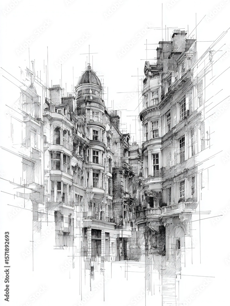 A detailed architectural sketch captures a narrow street lined with ornate buildings.