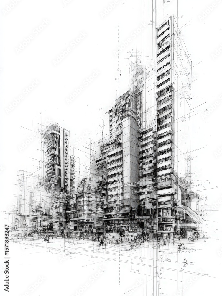 A detailed architectural sketch illustrates a bustling urban environment with towering buildings and lively streets. People can be seen engaging in various activities, reflecting city life.