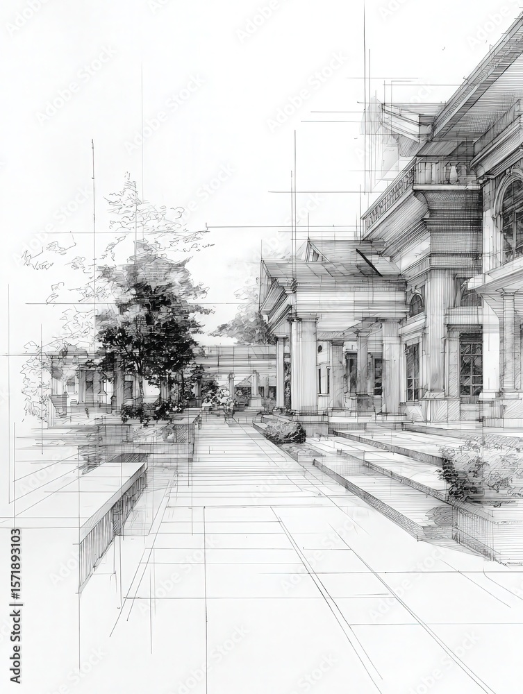 A detailed architectural sketch presents a city plaza featuring prominent buildings, arranged steps, and trees.