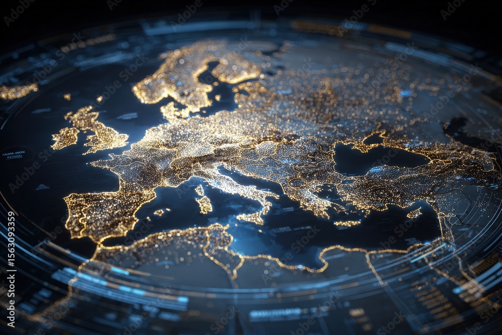 A detailed depiction of Europe at night, showcasing cities illuminated by thousands of lights.