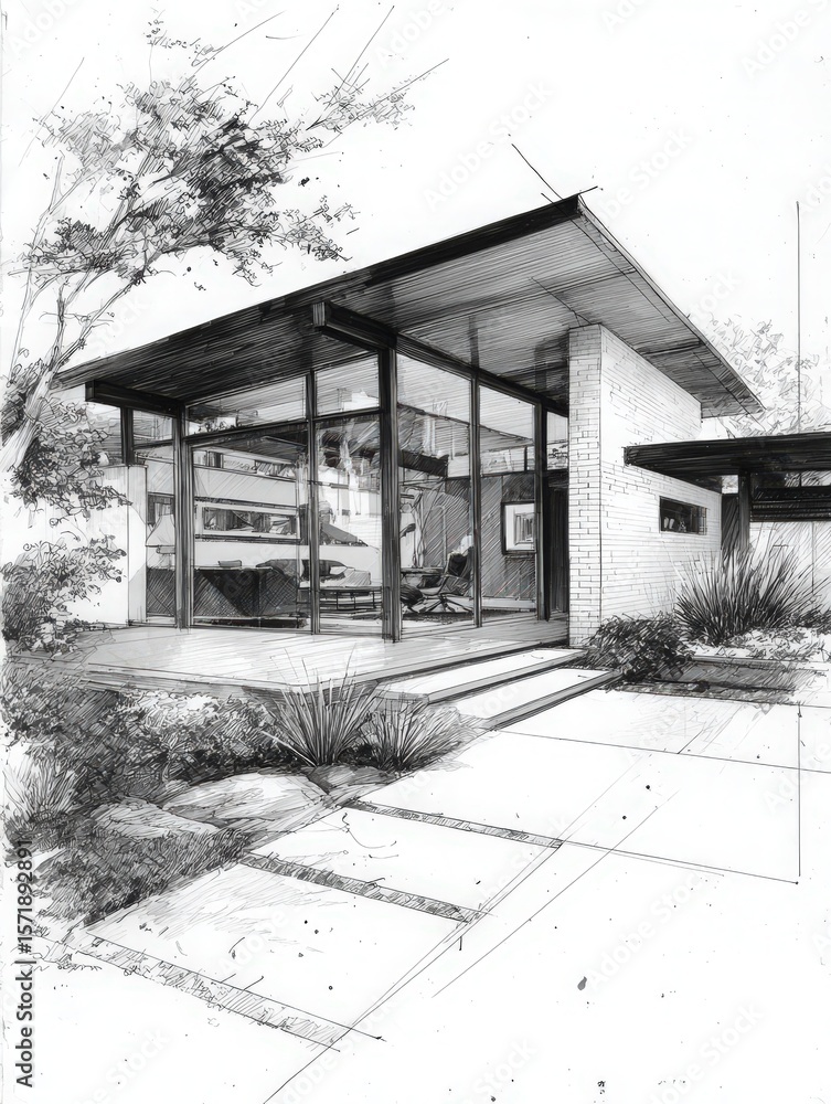 A detailed drawing showcases a contemporary house featuring large glass panels, clean lines, and a serene garden. The design emphasizes harmony with nature and modern living aesthetics.