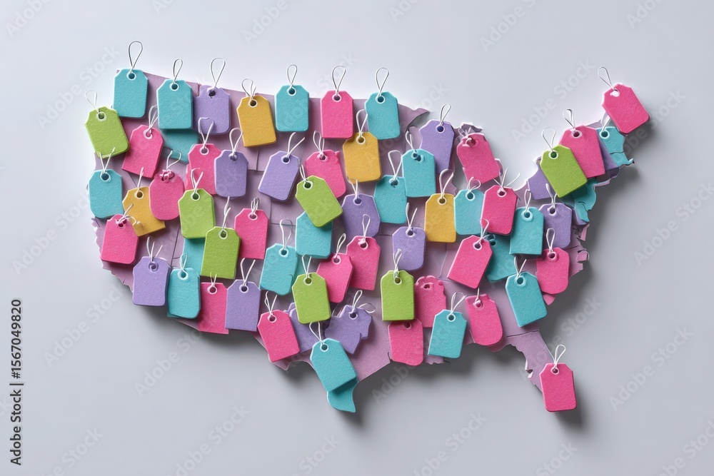 A detailed map of the United States is adorned with vibrant tags in various colors. Each tag signifies a different location across the country, showcasing a creative and interactive display.