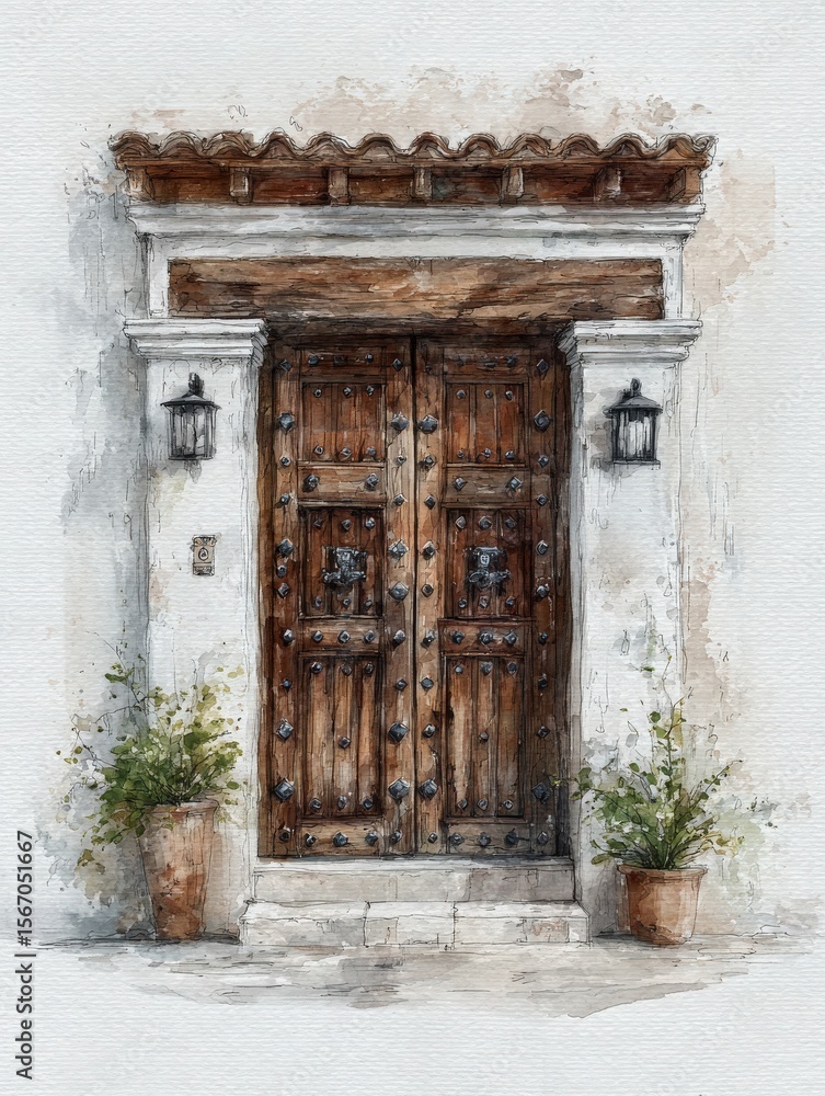 A detailed representation of a rustic wooden door with intricate iron details sits within a whitewashed wall. Potted plants flank the entrance, while lanterns provide soft illumination.