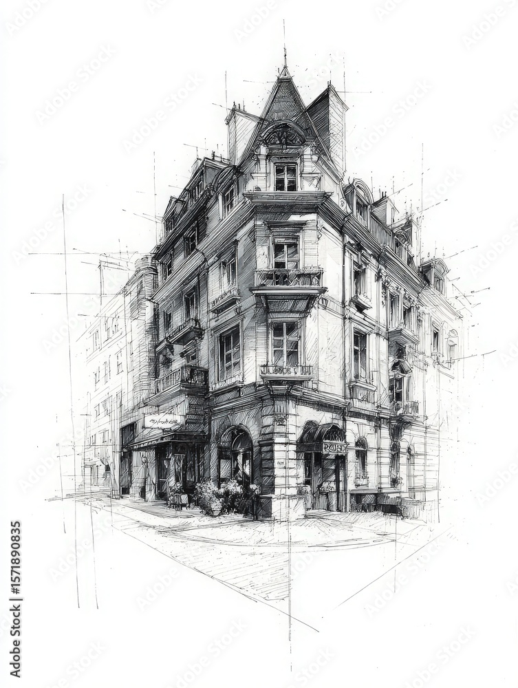 A detailed sketch of a corner building in an urban area. It showcases balconies, large windows, and intricate architectural features at dusk.
