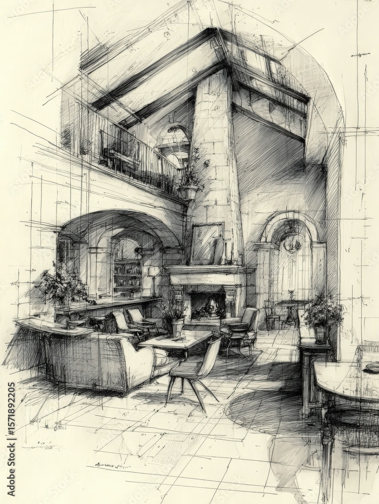 A detailed sketch of a spacious interior featuring high ceilings, a prominent fireplace, and large windows.