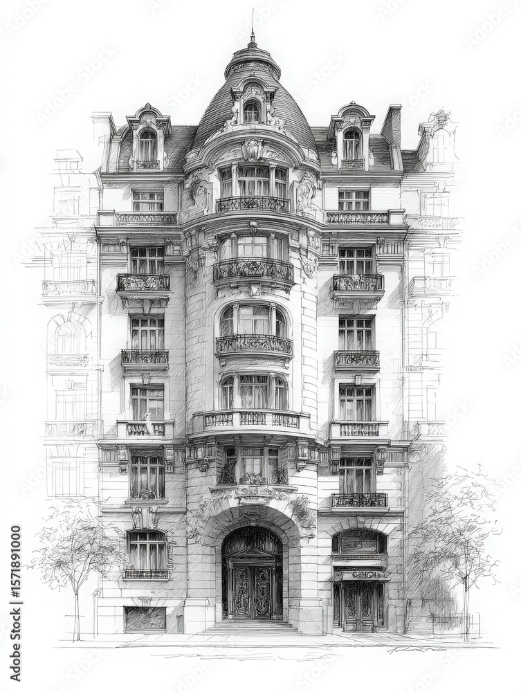 A detailed sketch showcases a beautiful historical building with ornate balconies and a unique rooftop. Tall trees line the area, enhancing the urban landscape.