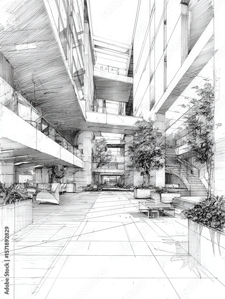 A detailed sketch showcases a multi-level courtyard filled with trees and modern architectural elements. Sunlight filters through the design, creating shadows on the sleek surfaces.