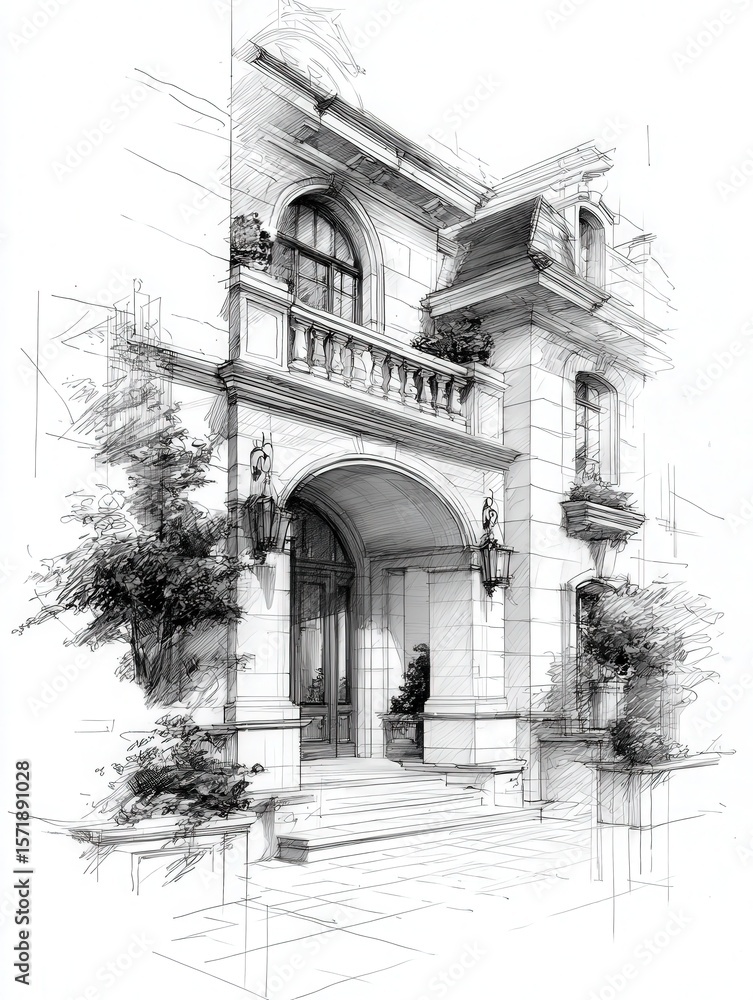 A detailed sketch showcases an elegant building design featuring a grand entrance, intricate balcony, and floral decorations. The architectural lines are finely rendered, highlighting classic details.