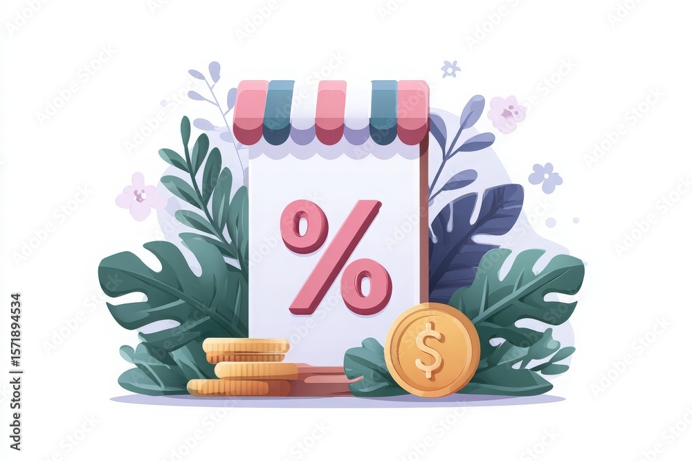 A discount tag displays a percentage symbol surrounded by tropical foliage and coins. This vibrant design highlights themes of savings and finance in a lively, colorful manner.
