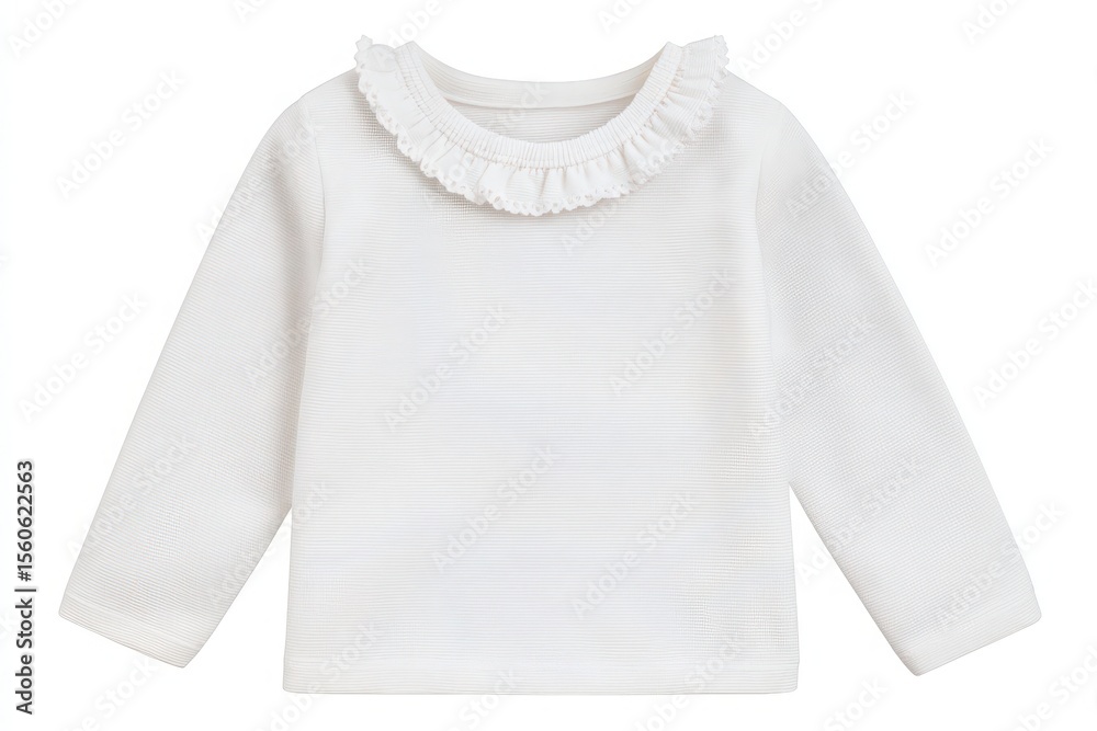 A fashionable long sleeve top in white features a charming ruffled collar, ideal for casual outings or layering in cooler weather. Its versatile design suits various occasions and styles.
