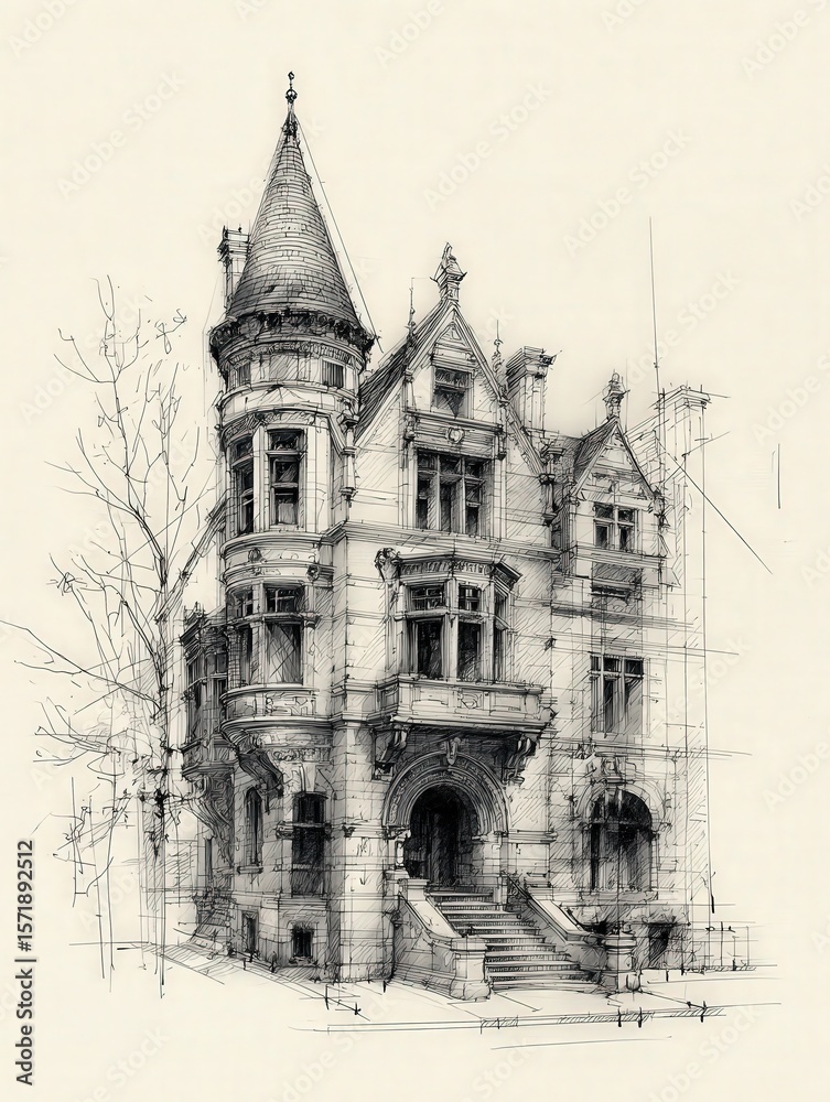 A finely detailed sketch showcases a majestic historic building featuring gothic architecture. It highlights intricate stonework, tall spires, and an inviting staircase, surrounded by bare trees.
