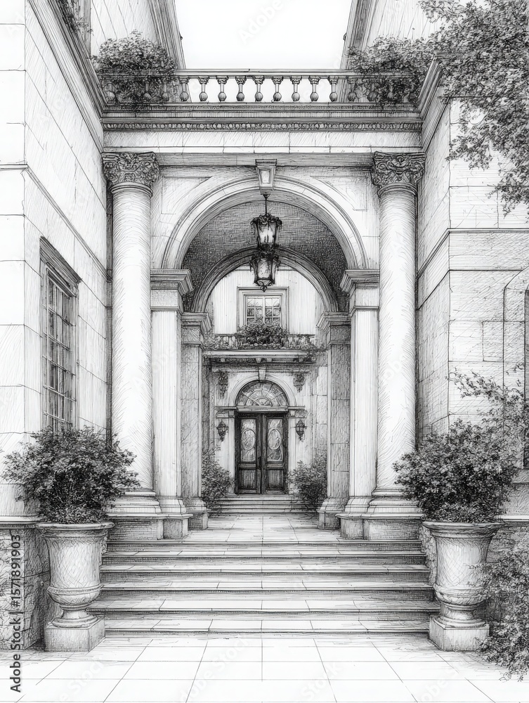 A grand entryway featuring tall columns, intricate archways, and lush potted plants leads to ornate double doors. The well-kept path and landscaping create an inviting atmosphere.