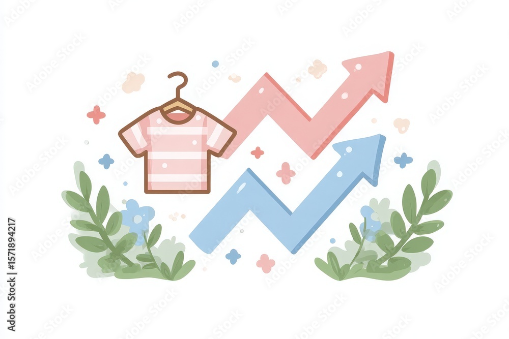 A graphic shows a striped shirt hanging on a hook alongside two arrows pointing upward, indicating growth. Floral elements add a fresh touch, symbolizing trends in the fashion industry.