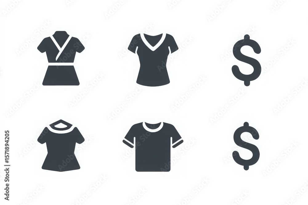 A grid shows various clothing icons, including dresses and shirts, alongside dollar symbols. This design illustrates fashion sales and retail transactions effectively.