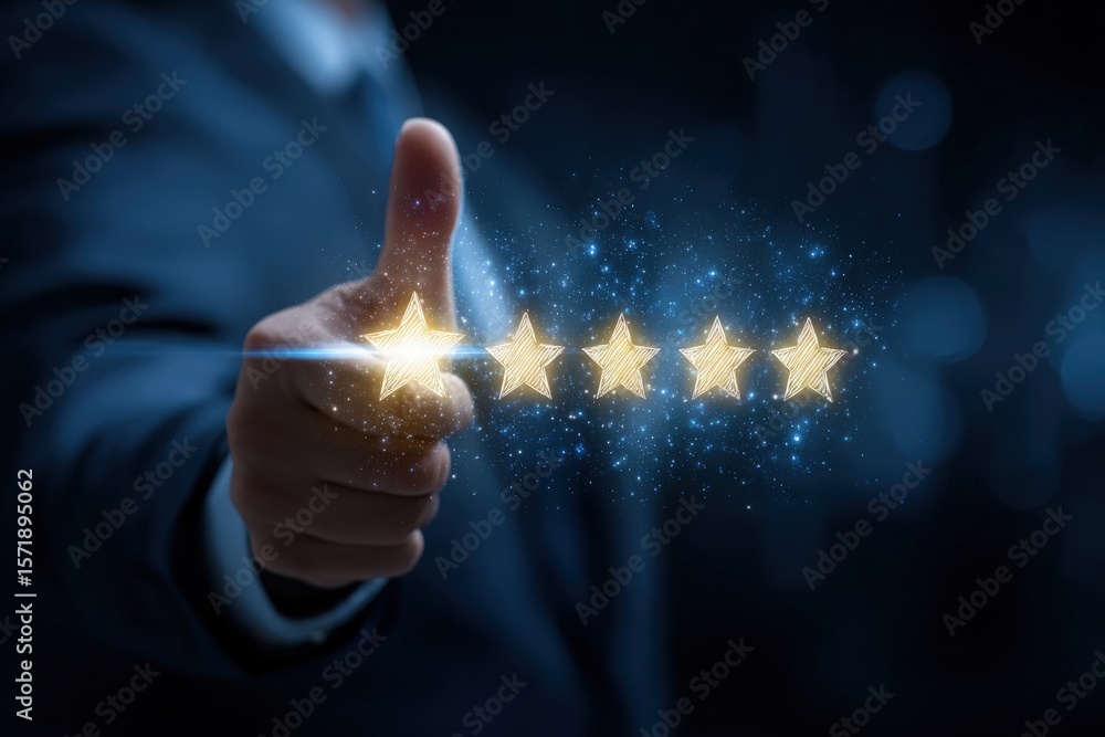 A hand is extended with a thumb raised, displaying five glowing stars that symbolize top ratings. This moment reflects the importance of quality service and positive feedback in the business world.