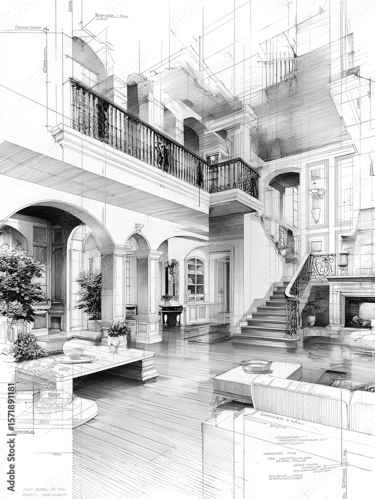 A highly detailed architectural sketch showcases a sophisticated interior space featuring a grand staircase, elegant balcony, and intricate design elements.