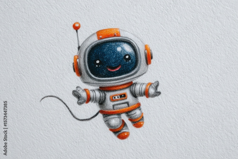 A joyful cartoon astronaut character with a friendly smile, wearing a space suit with orange accents, is floating in a playful pose against a textured white background that suggests space.