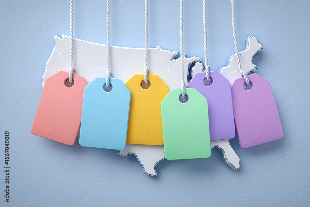 A map of the United States is featured with six colorful tags hanging from it.
