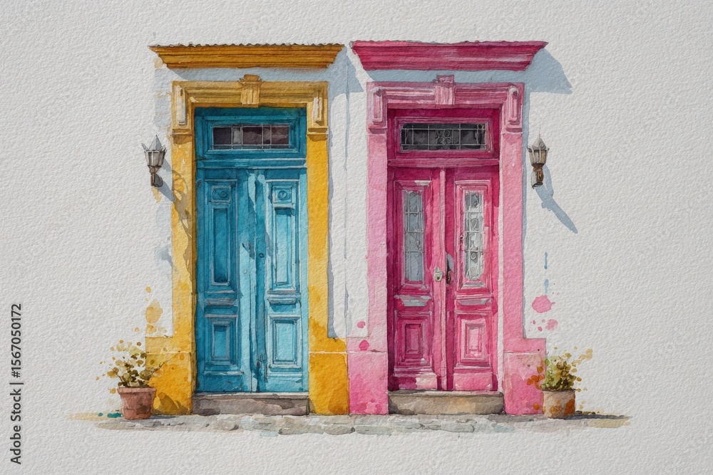 A pair of colorful doors stands side by side, one blue and one pink, accentuated by decorative moldings. The entrance is framed by simple potted plants, reflecting a lively atmosphere.