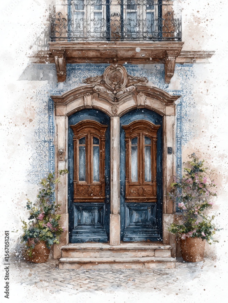 A pair of rustic wooden doors framed by ornate arches stands in a picturesque setting. The doors are flanked by potted plants, adding charm to this serene architectural gem in a historic town.