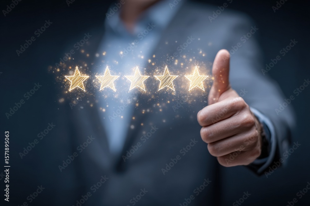 A person in a suit gives a thumbs up, showcasing a five-star rating with sparkling stars. The setting emphasizes professionalism and customer satisfaction, conveying a positive experience.