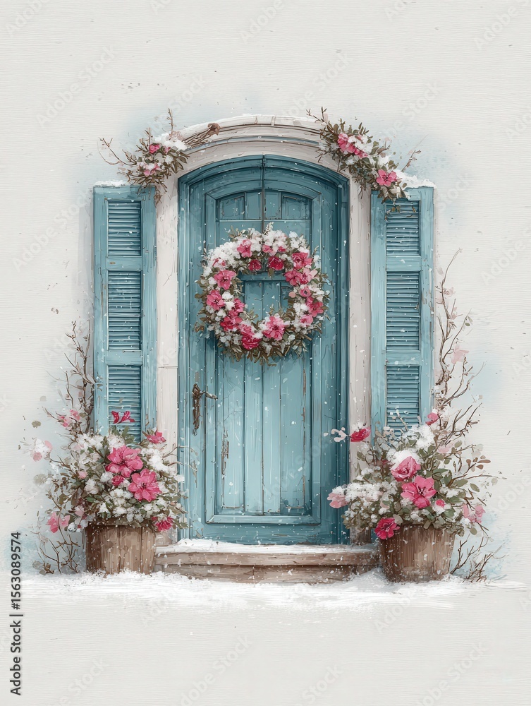 A picturesque blue door with decorative shutters is framed by blooming floral arrangements in pots. Snow gently covers the ground, creating a cozy winter ambiance around the entrance.