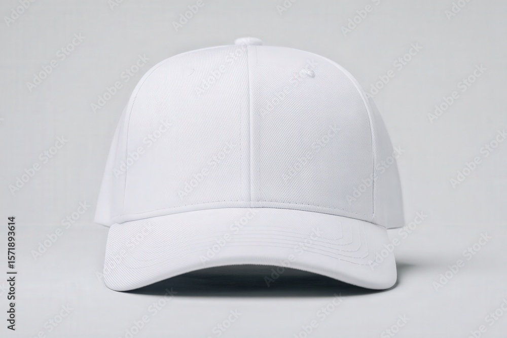 A plain white baseball cap is centered against a soft, light background. The cap features a smooth texture and a structured design, embodying a simple yet stylish accessory.
