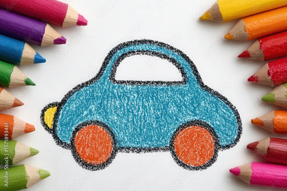 A playful blue car is sketched in crayon, surrounded by vibrant colored pencils in green, purple, orange, and yellow. The artwork showcases creativity and joy in a colorful setting.