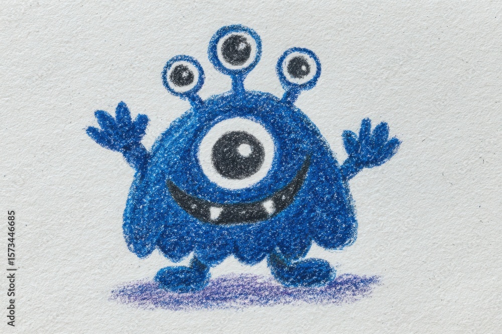 A playful blue monster features three eyes, a wide smile, and a furry body. With two arms raised in a cheerful gesture, it stands on textured paper, adding a whimsical touch.