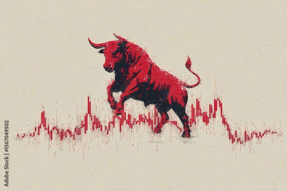 A powerful red bull leaps in front of a rising stock market graph. This visual represents optimism and growth in financial markets, highlighting trading dynamics in a vibrant manner.