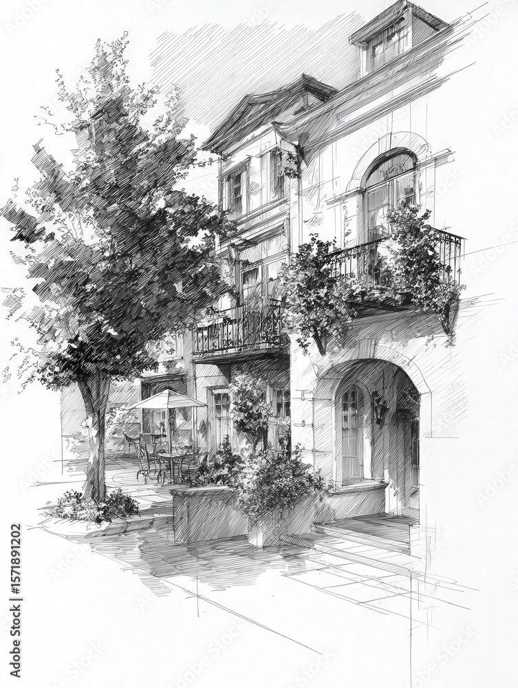 A quaint outdoor cafe features intricate architecture with balconies and decorative plants, surrounded by sunny pathways. The inviting space promotes relaxation and socializing under clear skies.