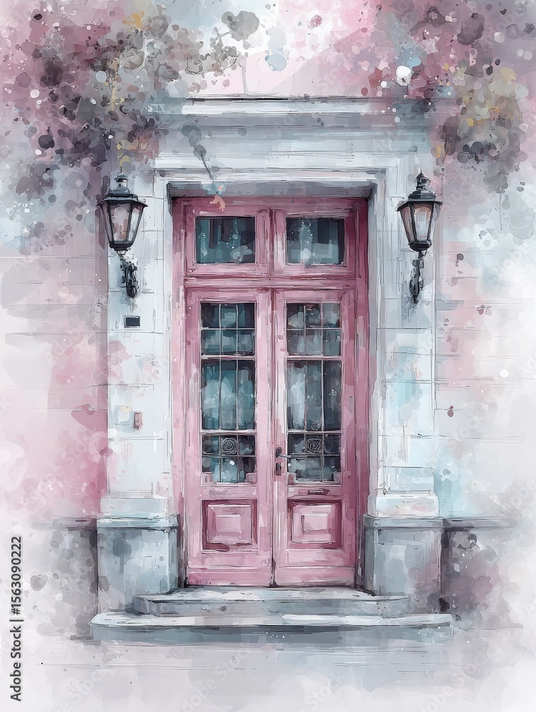 A quaint pink door sits prominently on a pastel wall, adorned with elegant lanterns. Soft colors create an inviting atmosphere, accentuated by artistic splashes.