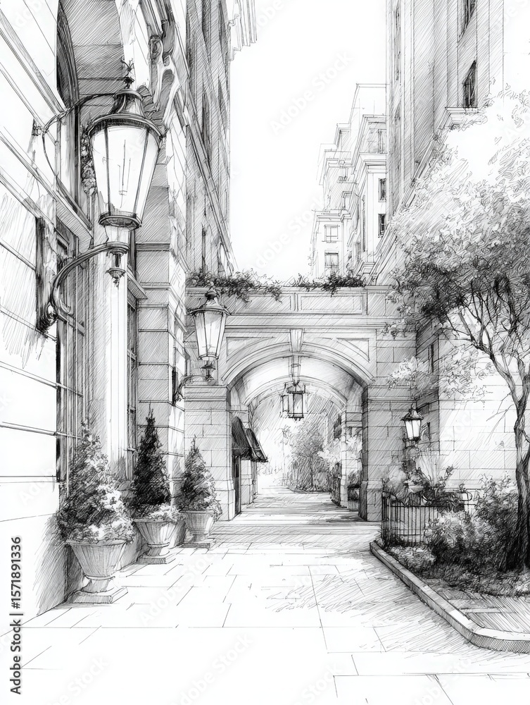 A quaint urban alley showcases decorative lampposts and carefully arranged pots of greenery. The path leads through an archway, inviting exploration in a serene city environment.
