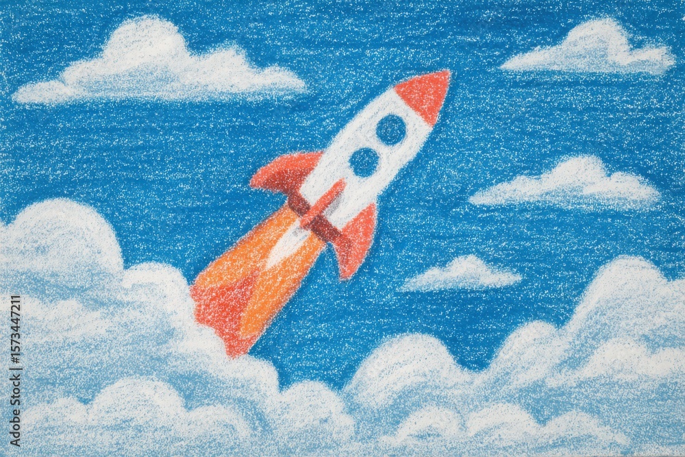 A rocket is soaring upward through fluffy white clouds in a vibrant blue sky, with colorful flames trailing behind. The crayon drawing style adds a playful touch to the scene.
