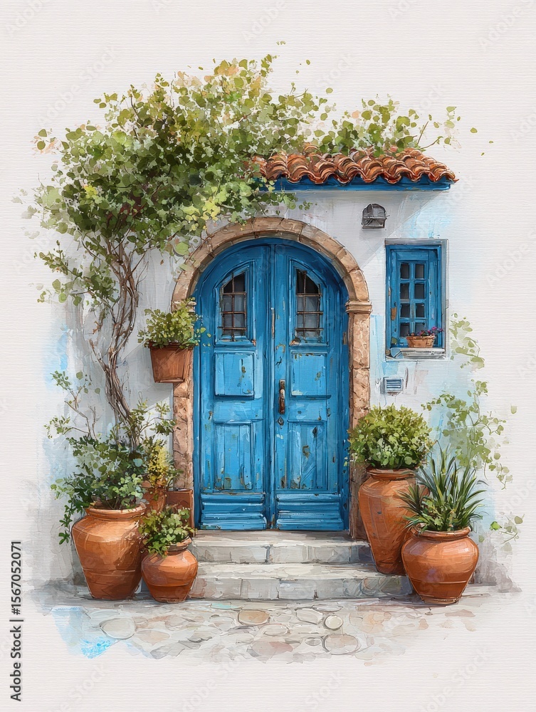 A rustic blue door nestled in a white wall is surrounded by terracotta pots filled with vibrant plants. The setting exudes a peaceful Mediterranean charm, enhanced by lush greenery and a tiled roof.