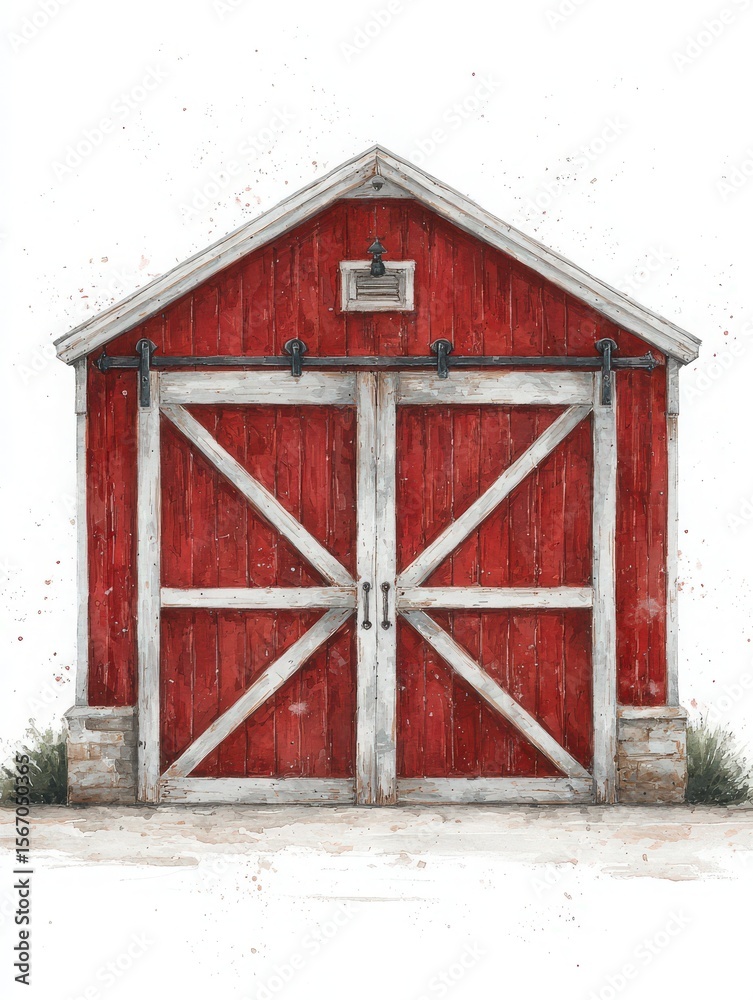 A rustic red barn features large white-framed doors, showcasing classic agricultural architecture. The barn is set against a subtle background, enhancing its vintage appeal and serene presence.