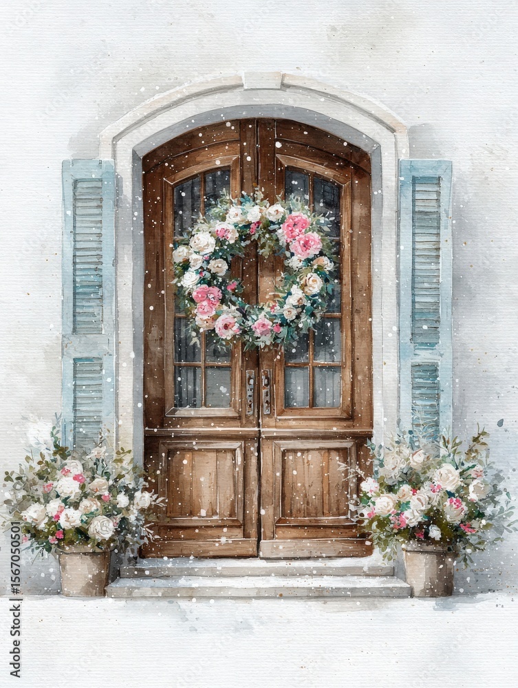 A rustic wooden door framed by shutters features a beautiful floral wreath. Snowflakes gently fall, creating a cozy winter ambiance, with pots of flowers at each side adding charm.