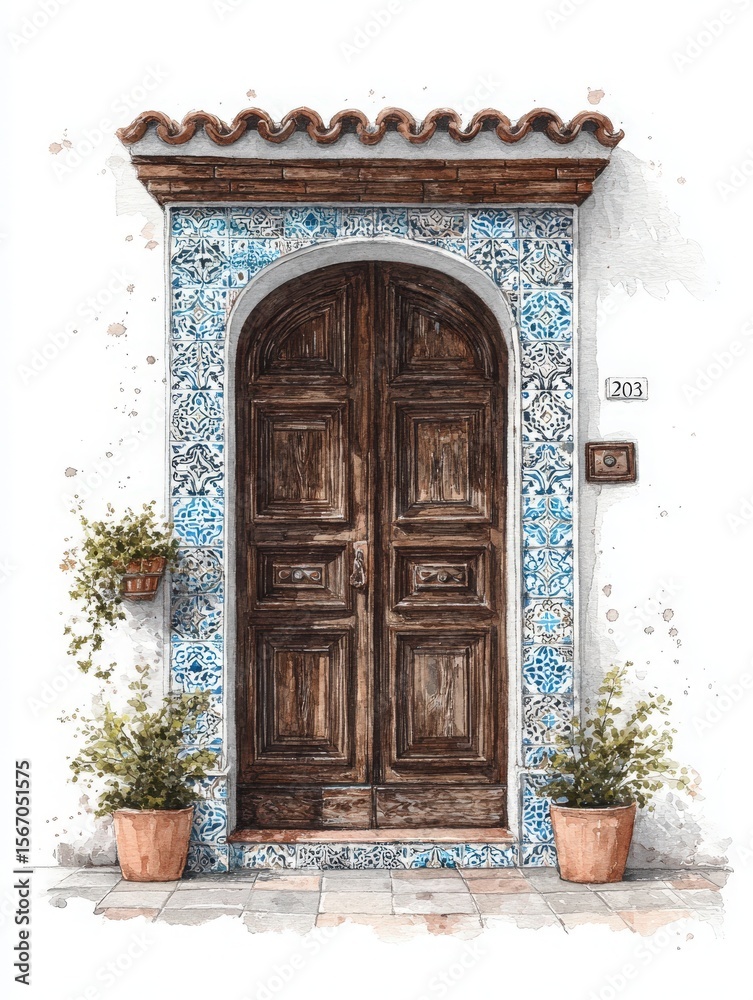 A rustic wooden door stands elegantly in front of a wall adorned with intricate blue and white tiles. Potted plants on either side add a touch of greenery, enhancing the inviting atmosphere.