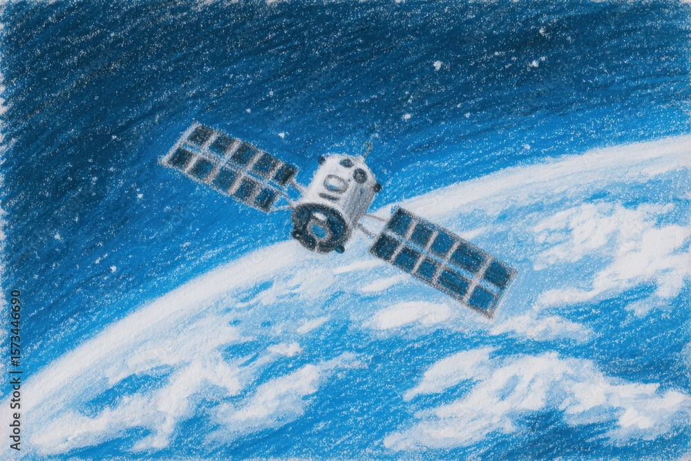 A satellite floats above the Earth, showcasing its solar panels and structure. The vast blue atmosphere contrasts with fluffy white clouds, providing a sense of depth and tranquility.