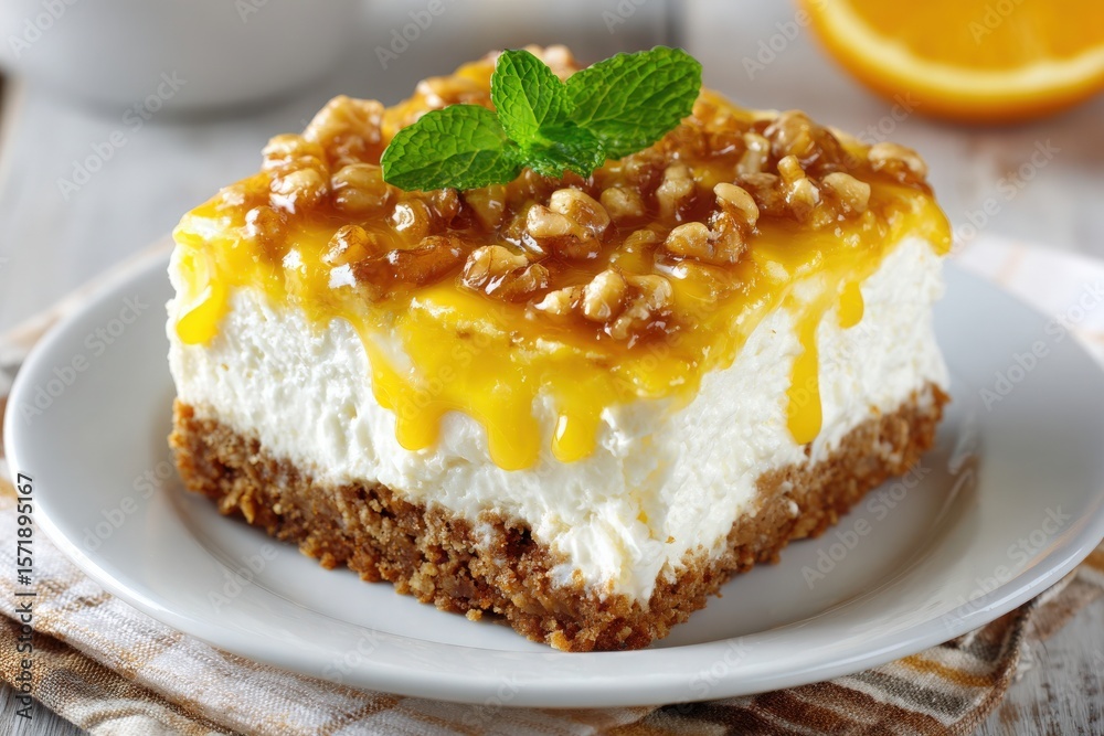 A scrumptious dessert sits on a white plate, featuring a creamy filling topped with a crunchy nut topping and a bright citrus glaze. A sprig of mint garnishes the dish, enhancing its appeal.