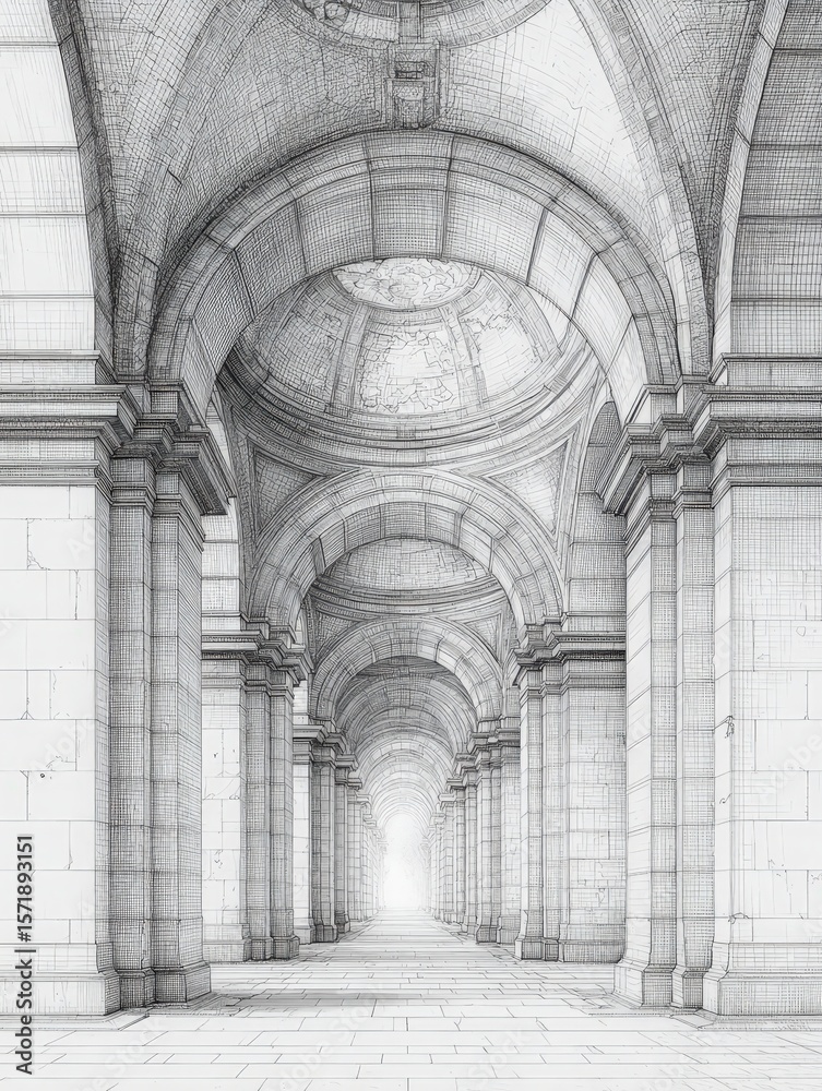 A series of detailed archways leads to a bright light at the end of a long corridor. The intricate design showcases stone columns and a high vaulted ceiling, illustrating classic architecture.