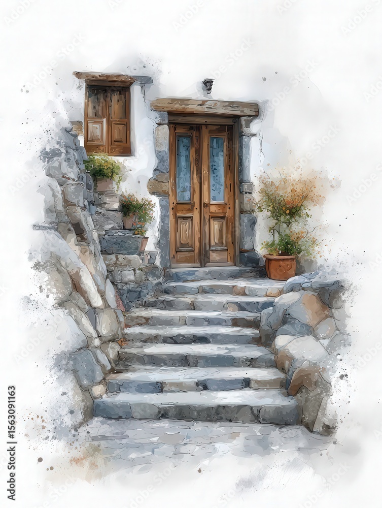 A set of stone steps leads up to a rustic wooden door framed by white walls. Potted plants add a touch of color, enhancing the villages quaint charm.