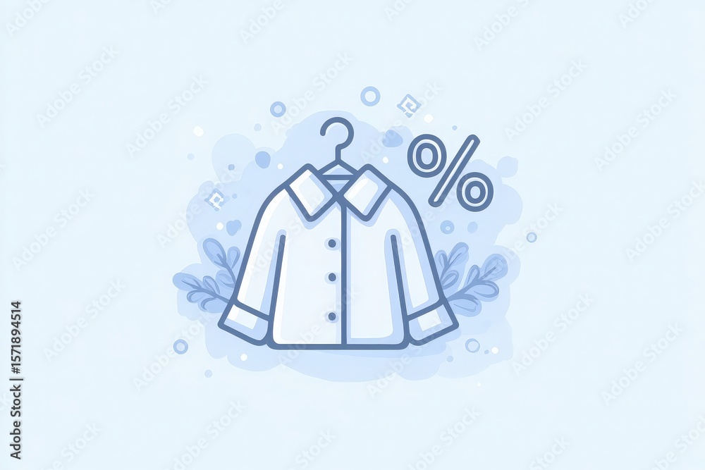 A simple graphic depicts a shirt hanging on a hanger, accompanied by a percentage symbol, indicating a sale.