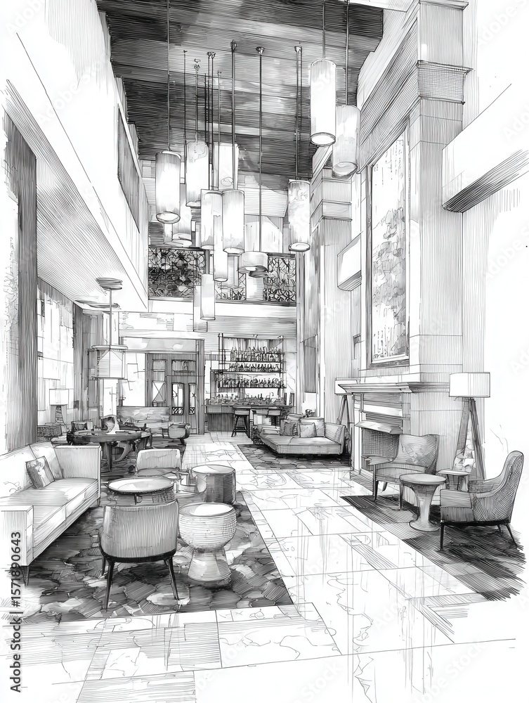 A spacious lounge features modern furnishings and soft ambient lighting. The high ceiling and large windows create a welcoming atmosphere. Guests enjoy the cozy seating and bar area.