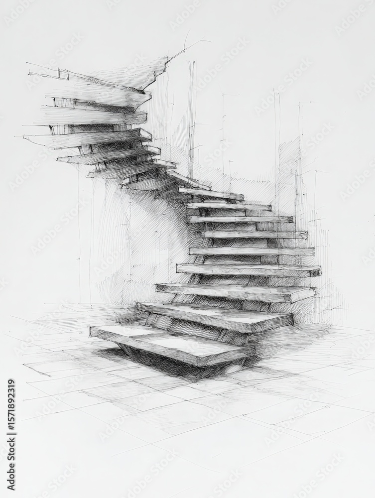 A spiral staircase showcases a contemporary design with open steps, emphasizing architectural creativity. The structure is set against a blank wall and tiled floor, illustrating modern aesthetics.