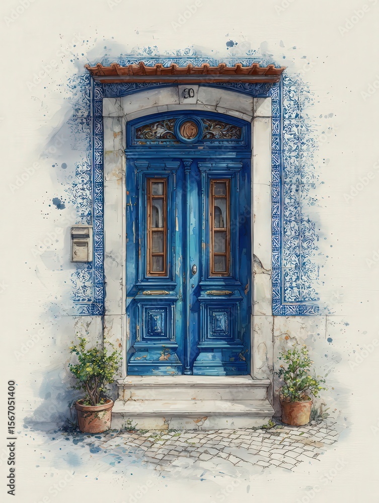 A striking blue door stands as the focal point, surrounded by intricate tiles. Potted plants add a touch of greenery, enhancing the charming appeal of the entrance.