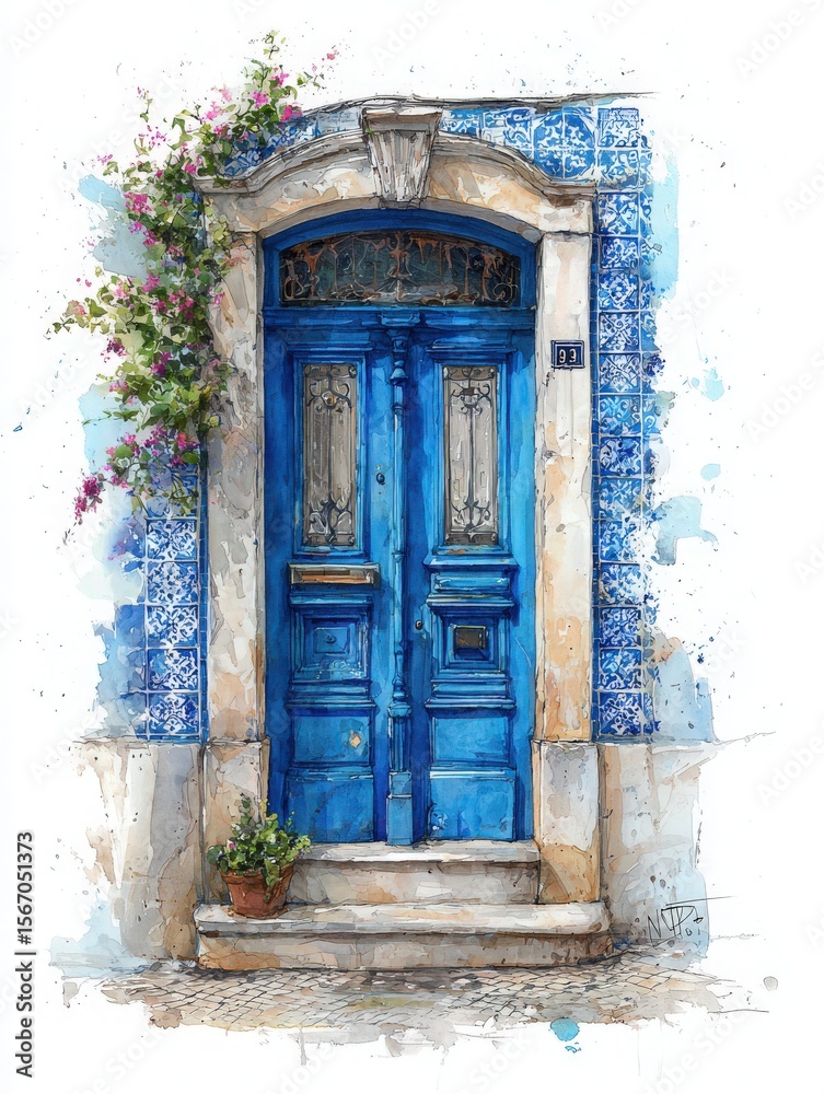 A striking blue door with intricate designs stands against a backdrop of decorative tiles. Flowers cascade from the top, creating a vibrant and inviting atmosphere in a quaint neighborhood.