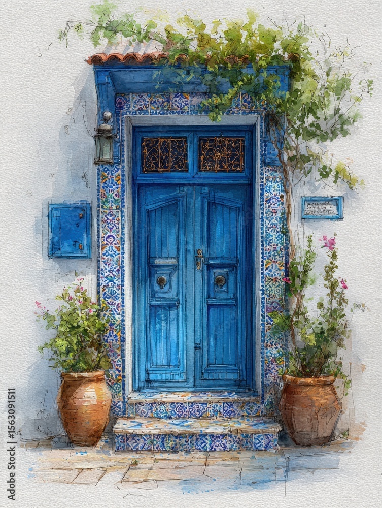 A striking blue wooden door stands out, framed by colorful tiles and vibrant green plants. Two terracotta pots enhance the inviting appearance in this picturesque location.