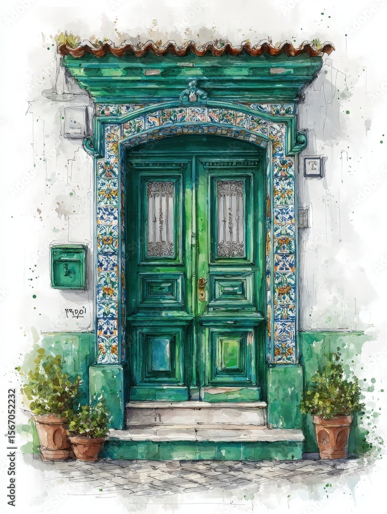 A striking green door adorned with intricate tile work stands out against a white wall. Flanking it are two pots with lush greenery, creating an inviting atmosphere in this rustic neighborhood.