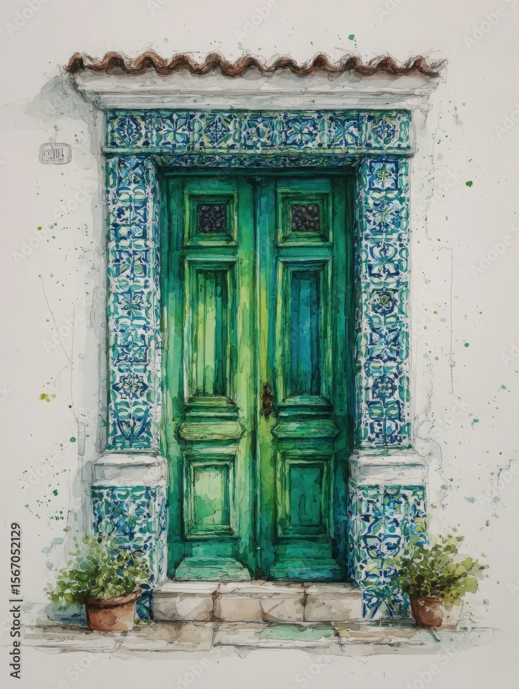 A striking green door set against a wall decorated with vibrant blue and white tiles. Two potted plants flank the entrance, enhancing the inviting atmosphere of this charming location.